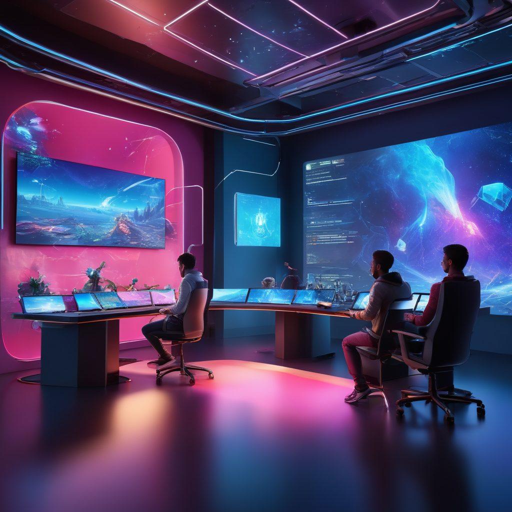 A dynamic scene showcasing a futuristic game design studio, adorned with holographic screens displaying innovative gameplay concepts. Include vibrant characters from various genres, seamlessly blending elements of fantasy and sci-fi. The backdrop features sleek virtual reality setups and game coding blueprints. Emphasize a sense of collaboration and creativity among diverse game developers. colorful and modern design. 3D. vibrant colors.