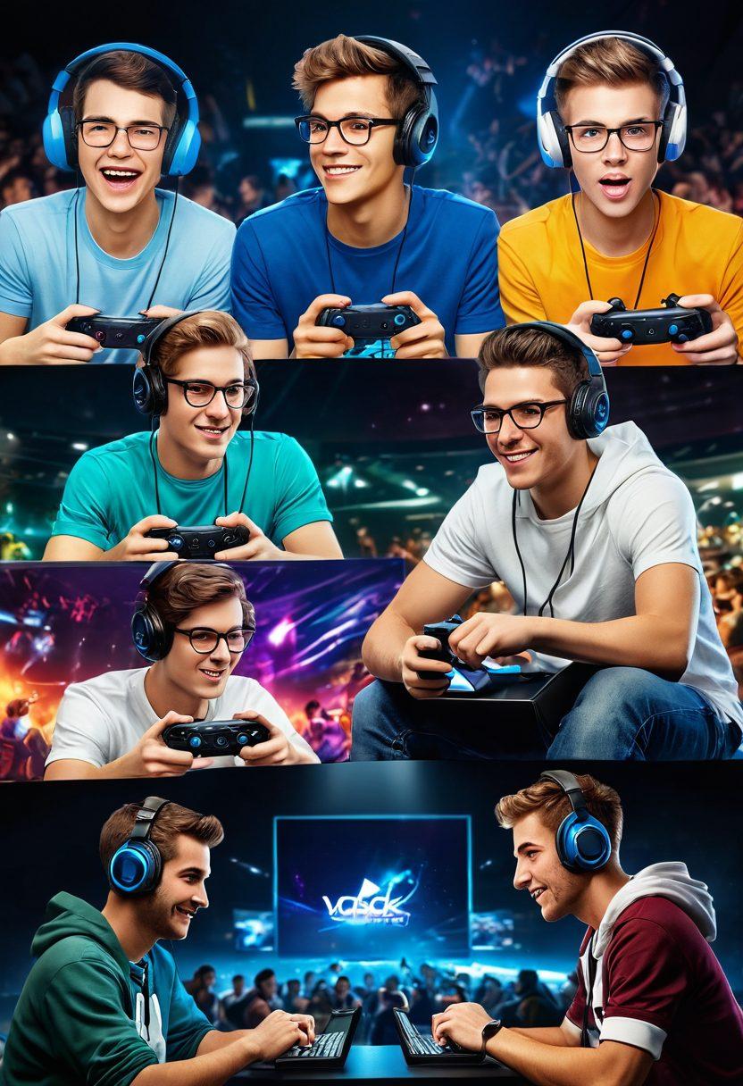 A dynamic split image showcasing the evolution of online gaming: on one side, a casual gamer with friends using consoles and mobile devices in a cozy environment, and on the other side, a competitive esports arena with intense players, cheering crowds, and advanced technology. Include elements like game controllers, headsets, trophies, and vibrant graphics representing popular games. eclectic style. vibrant colors. digital art.