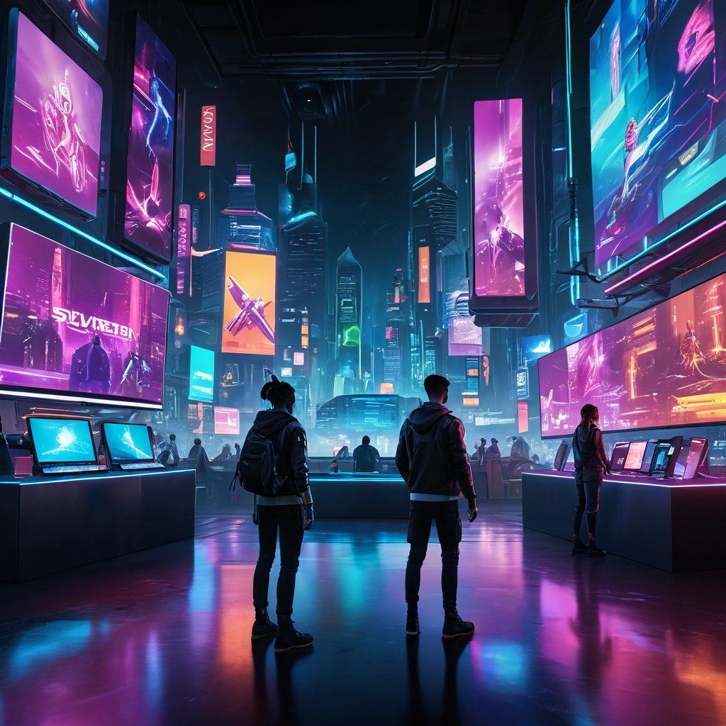 A dynamic scene showcasing futuristic gaming technology with a diverse group of players engaged in augmented reality gameplay, surrounded by sleek interfaces and holographic displays. The background features a vibrant cityscape illuminated by neon lights, emphasizing the intersection of virtual and real worlds. Stylized characters are immersed in a digital environment, representing various genres of games. Include elements like virtual trophies and gamification symbols. cyberpunk. vibrant colors. 3D.